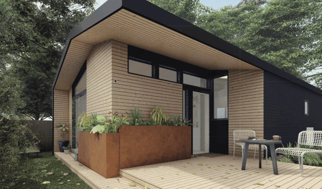 Compact modern ADU in North Berkeley featuring efficient layout, abundant natural light from large windows, and integrated landscaping.