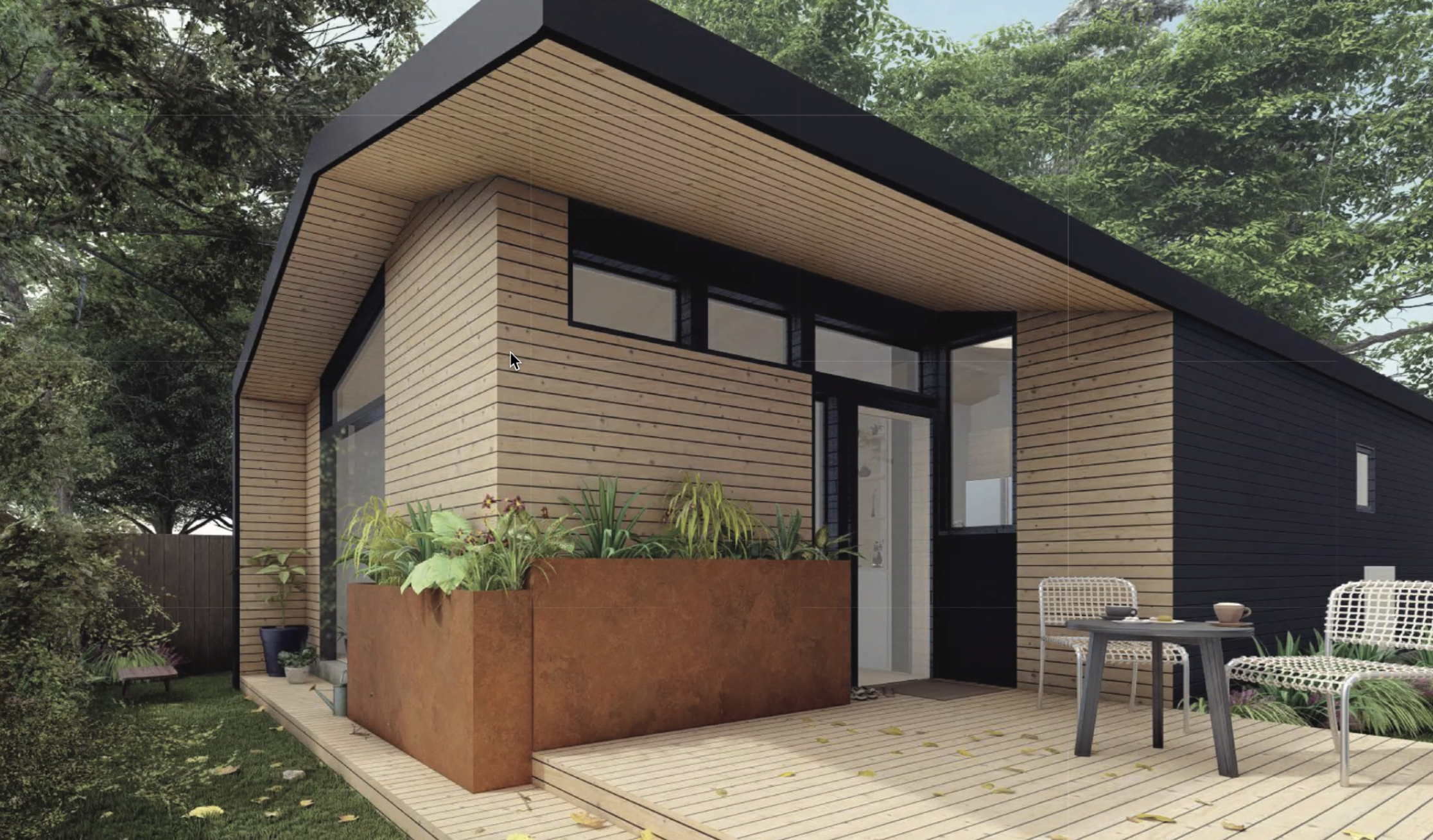 Compact modern ADU in North Berkeley featuring efficient layout, abundant natural light from large windows, and integrated landscaping.