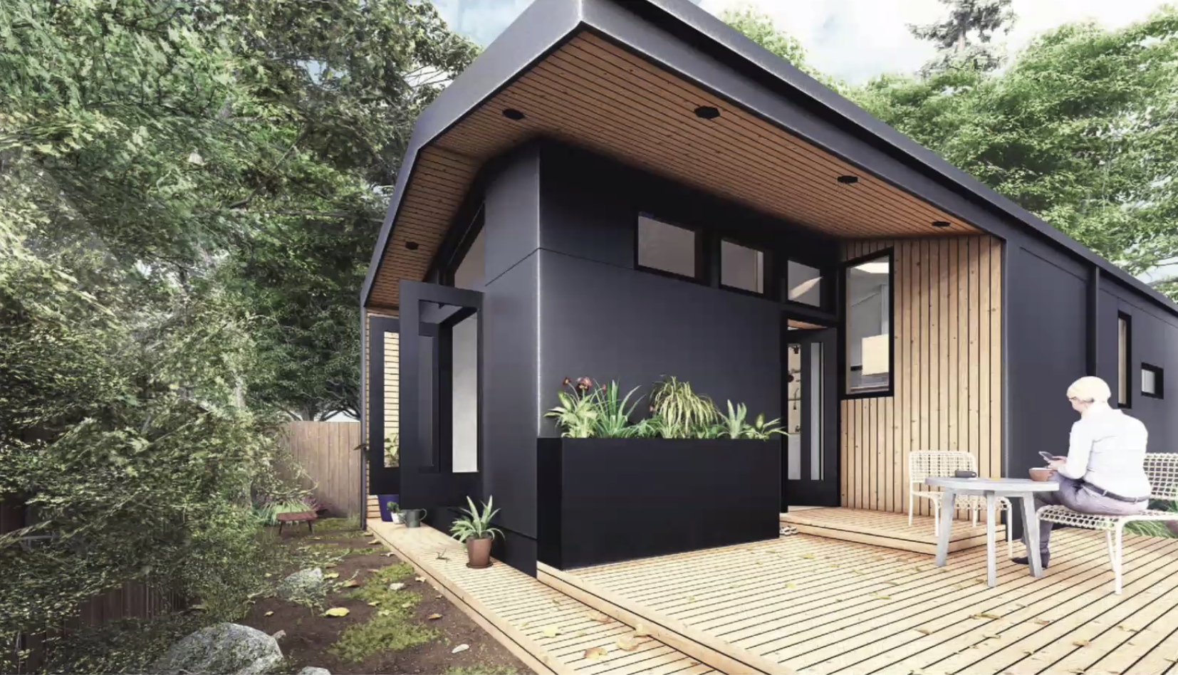 A modern ADU tiny house in North Berkeley showcases efficient land use with deck and integration into a landscaped environment.