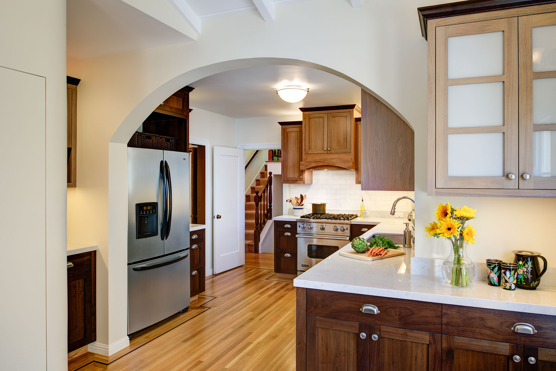 Modern San Leandro kitchen remodel showcasing updated cabinetry, quality appliances, practical layout, and workspace enhancements.