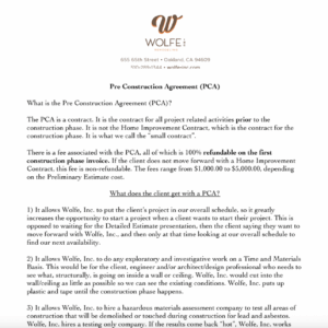 Pre Construction Agreement (PCA) from Wolfe Inc. detailing terms, process, and refunds crucial for home redevelopment planning.
