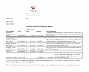 Preliminary construction estimate from Wolfe, Inc. outlining costs, work breakdown, and scope for adding a second story to a home.