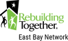Logo for Rebuilding Together East Bay North shows figures with tools and a house, emphasizing home repair and redevelopment services.